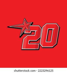 Simple custom number for sport and racing with star 20. Vector design