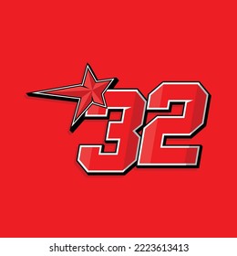 Simple custom number for sport and racing with star 32. Vector design