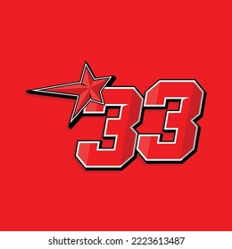 Simple custom number for sport and racing with star 33. Vector design