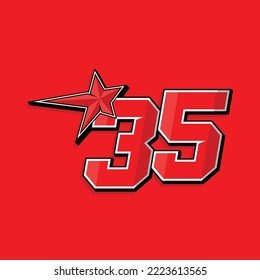 Simple custom number for sport and racing with star 35. Vector design
