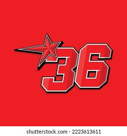 Simple custom number for sport and racing with star 36. Vector design