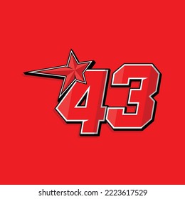 Simple custom number for sport and racing with star 43. Vector design