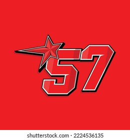 Simple custom number for sport and racing with star 57. Vector design