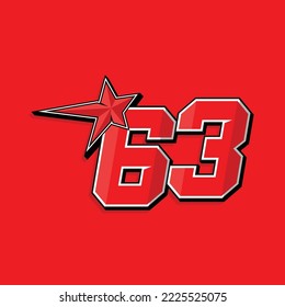Simple custom number for sport and racing with star 63. Vector design