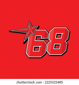 Simple custom number for sport and racing with star 68. Vector design