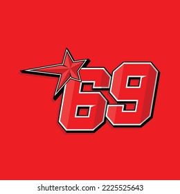 Simple custom number for sport and racing with star 69. Vector design