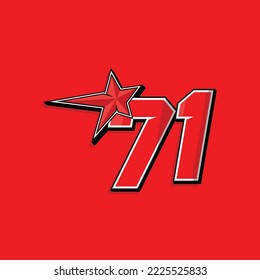 Simple custom number for sport and racing with star 71. Vector design