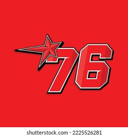 Simple custom number for sport and racing with star 76. Vector design
