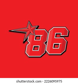 Simple custom number for sport and racing with star 86. Vector design