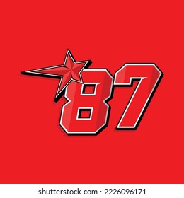Simple custom number for sport and racing with star 87. Vector design