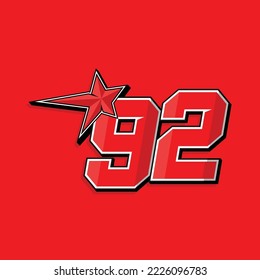 Simple custom number for sport and racing with star 92. Vector design
