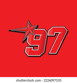 Simple custom number for sport and racing with star 97. Vector design