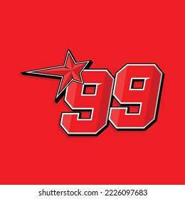 Simple custom number for sport and racing with star 99. Vector design