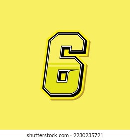 Simple custom number for sport and racing with yellow colour. Vector design number 6