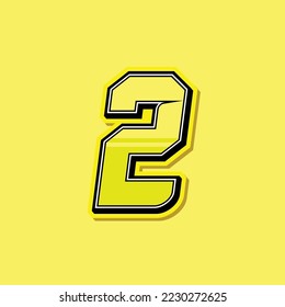 Simple custom number for sport and racing with yellow colour. Vector design number 2