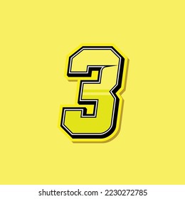 Simple custom number for sport and racing with yellow colour. Vector design number 3