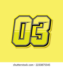 Simple custom number for sport and racing with yellow colour. Vector design number 03