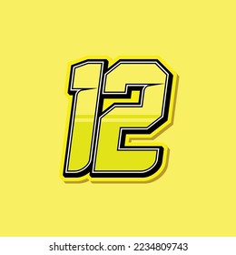Simple custom number for sport and racing with yellow colour. Vector design number 12