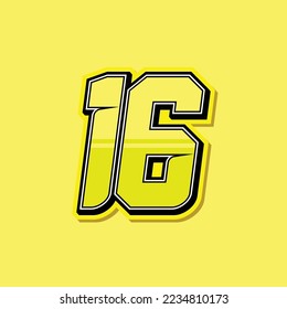Simple custom number for sport and racing with yellow colour. Vector design number 16