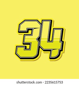 Simple custom number for sport and racing with yellow colour. Vector design number 34
