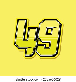 Simple custom number for sport and racing with yellow colour. Vector design number 49