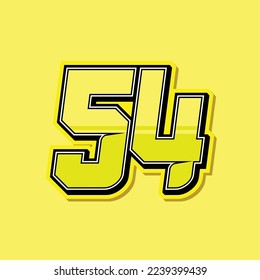 Simple custom number for sport and racing with yellow colour. Vector design number 54