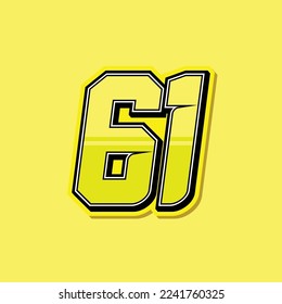 Simple custom number for sport and racing with yellow colour. Vector design number 61