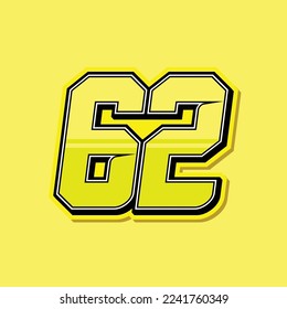 Simple custom number for sport and racing with yellow colour. Vector design number 62