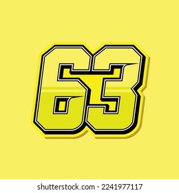 Simple custom number for sport and racing with yellow colour. Vector design number 63