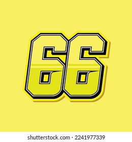 Simple custom number for sport and racing with yellow colour. Vector design number 66