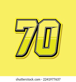 Simple custom number for sport and racing with yellow colour. Vector design number 70