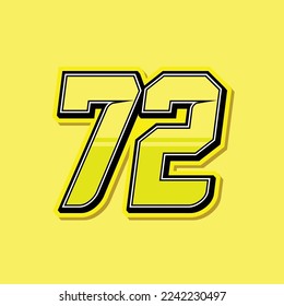 Simple custom number for sport and racing with yellow colour. Vector design number 72