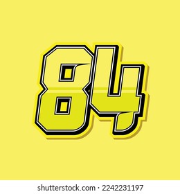 Simple custom number for sport and racing with yellow colour. Vector design number 84