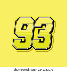 Simple custom number for sport and racing with yellow colour. Vector design number 93