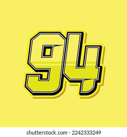Simple custom number for sport and racing with yellow colour. Vector design number 94