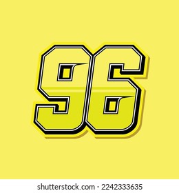 Simple custom number for sport and racing with yellow colour. Vector design number 96