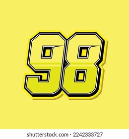 Simple custom number for sport and racing with yellow colour. Vector design number 98