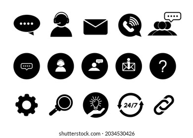 Simple customer support flat icon collection in black color. Isolated in a white background. 15 customer service related icons included.