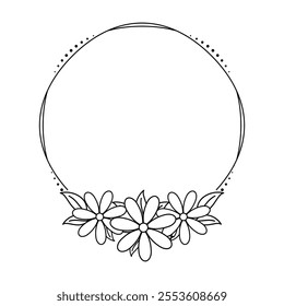 Simple Customizable Floral Frame with Daisies, Circular Logo Vector, Black and White Family Name Sign