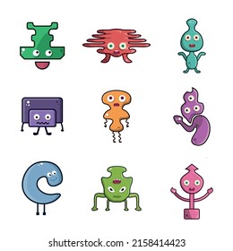 Simple, cute, abstract monsters drawing vector art on a  white background.