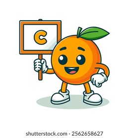 Simple Cute Adorable Illustration Of Orange Fruit Mascot Holding a Sign with C