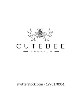 Simple Cute Animal Bee With Leaves Drawing Logo Illustration Vector Template Icon