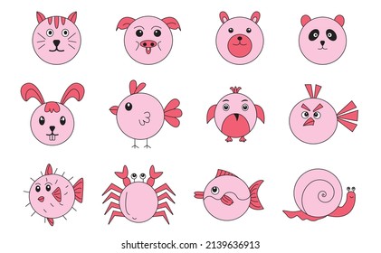 Simple cute animal pictures - tiger, bear, cat, panda, rabbit, pig, bird, fish, crab, shellfish. Suitable for children's clothing design. Hand drawn vector illustration for posters, cards, t-shirts.