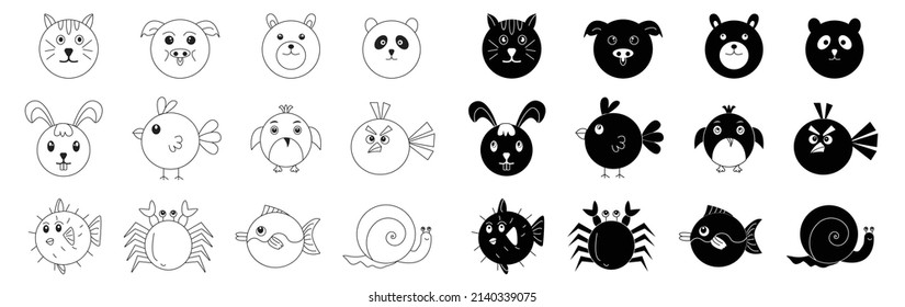 Simple cute animal pictures - tiger, bear, cat, panda, rabbit, pig, bird, fish, crab, shellfish. Suitable for children's clothing design. Hand drawn vector illustration for posters, cards, t-shirts.