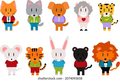 Simple cute animals in flat style. Different isolated home and wild animals. Cat, wolf, dog, sheep, leopard,mouse, tiger, bunny, black panther, lion. White background.