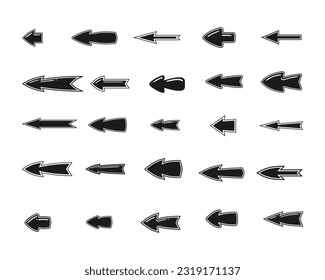 colección de vectores de silueta de flechas simples y lindas, flechas grandes iconos de conjunto negro. Cursor. Moderna y simple flechas diferentes Ilustración vectorial,  