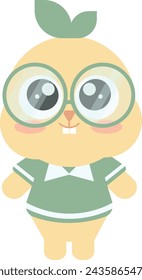 simple cute baby cartoon character for kids with leaves and with glasses in a green dress with transparent background