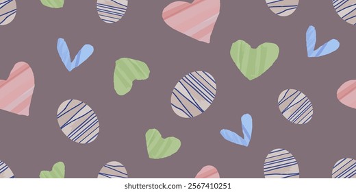 Simple cute baby fashion design. Seamless heart and eggs geometric shape with pastel color background. Vector illustration