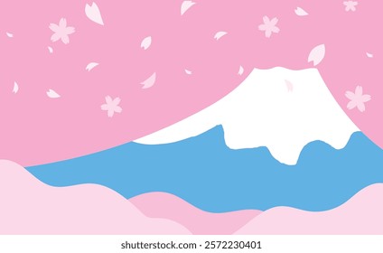 Simple and cute background illustration material of cherry blossoms and Mt. Fuji