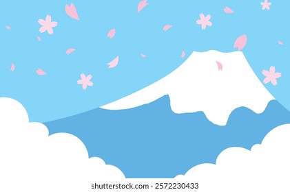 Simple and cute background illustration material of cherry blossoms and Mt. Fuji